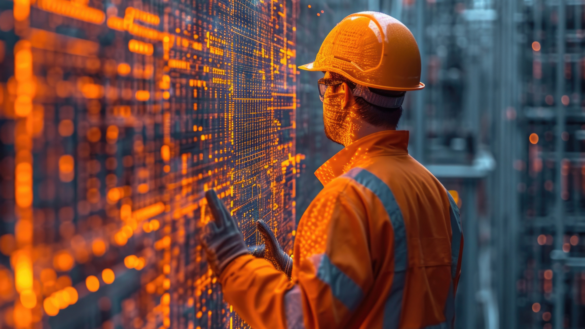 Male engineer in front of a technological futuristic panel with lights