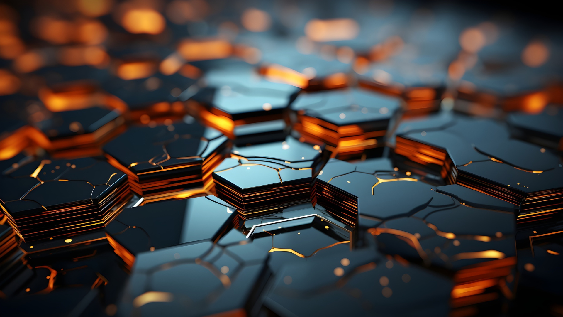 Abstract technological data driven hexagonal shapes at various heights with backlighting in orange and a blurred background