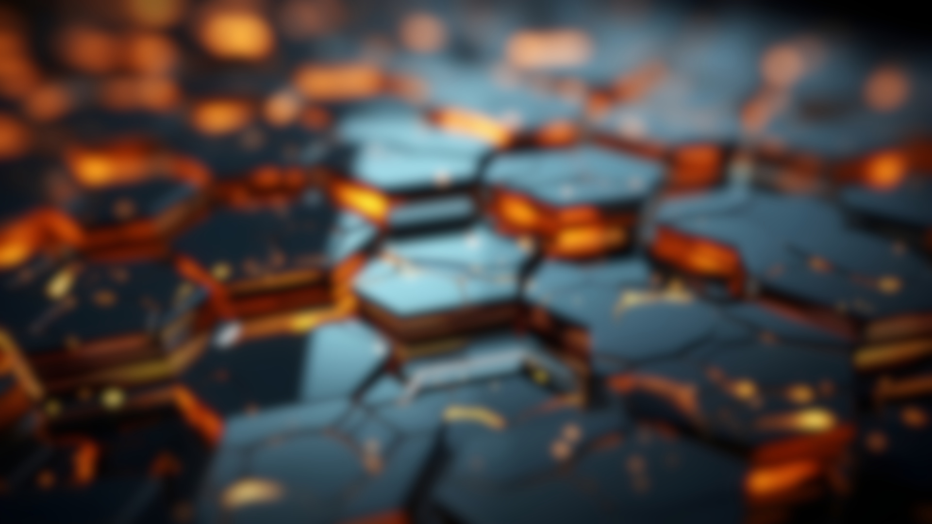 Abstract technological data driven hexagonal shapes at various heights with backlighting in orange and a blurred background