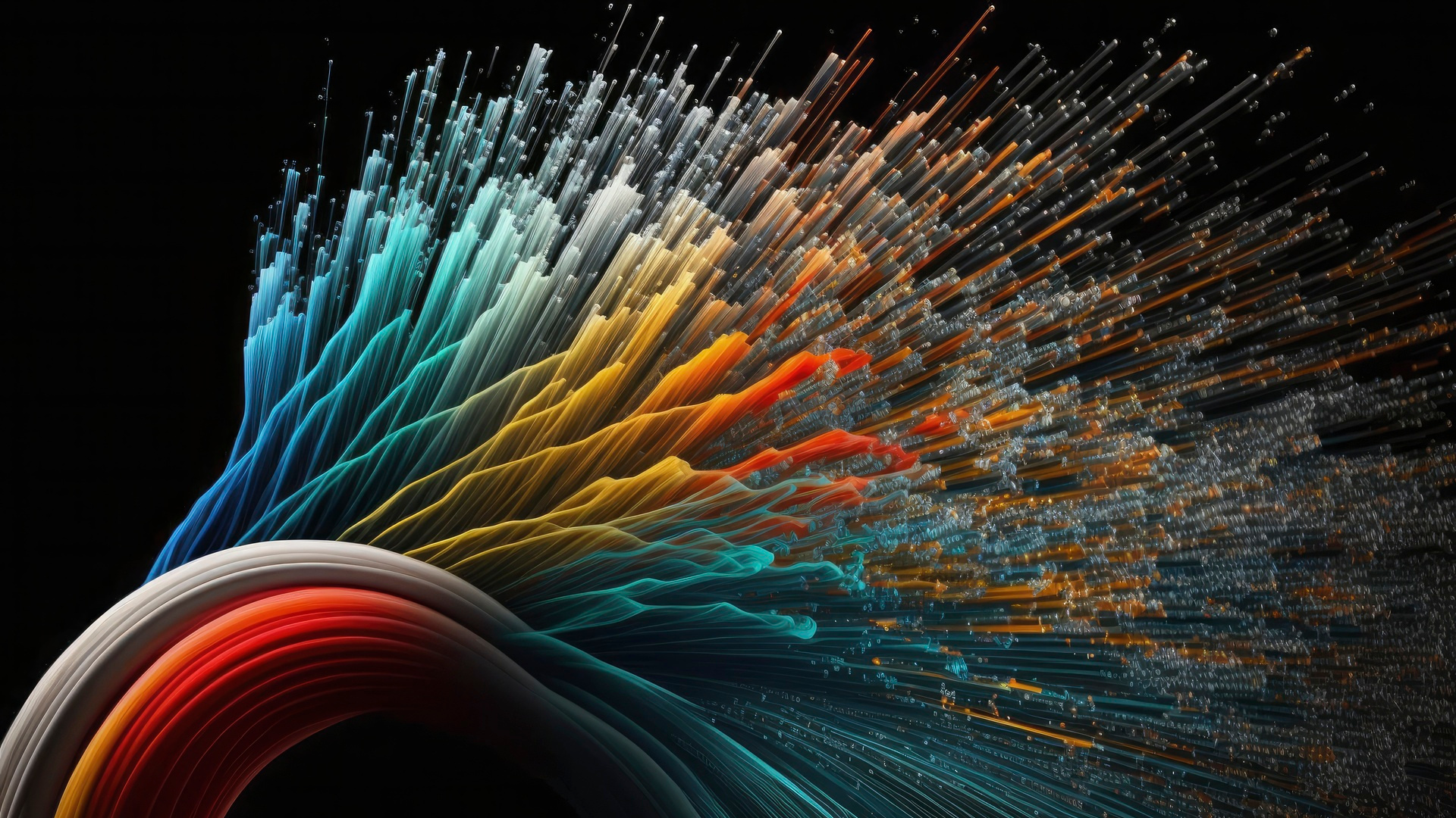 Optical fiber speed concept illustration, colorful lines cable close up high speed network data transfer. Generative AI