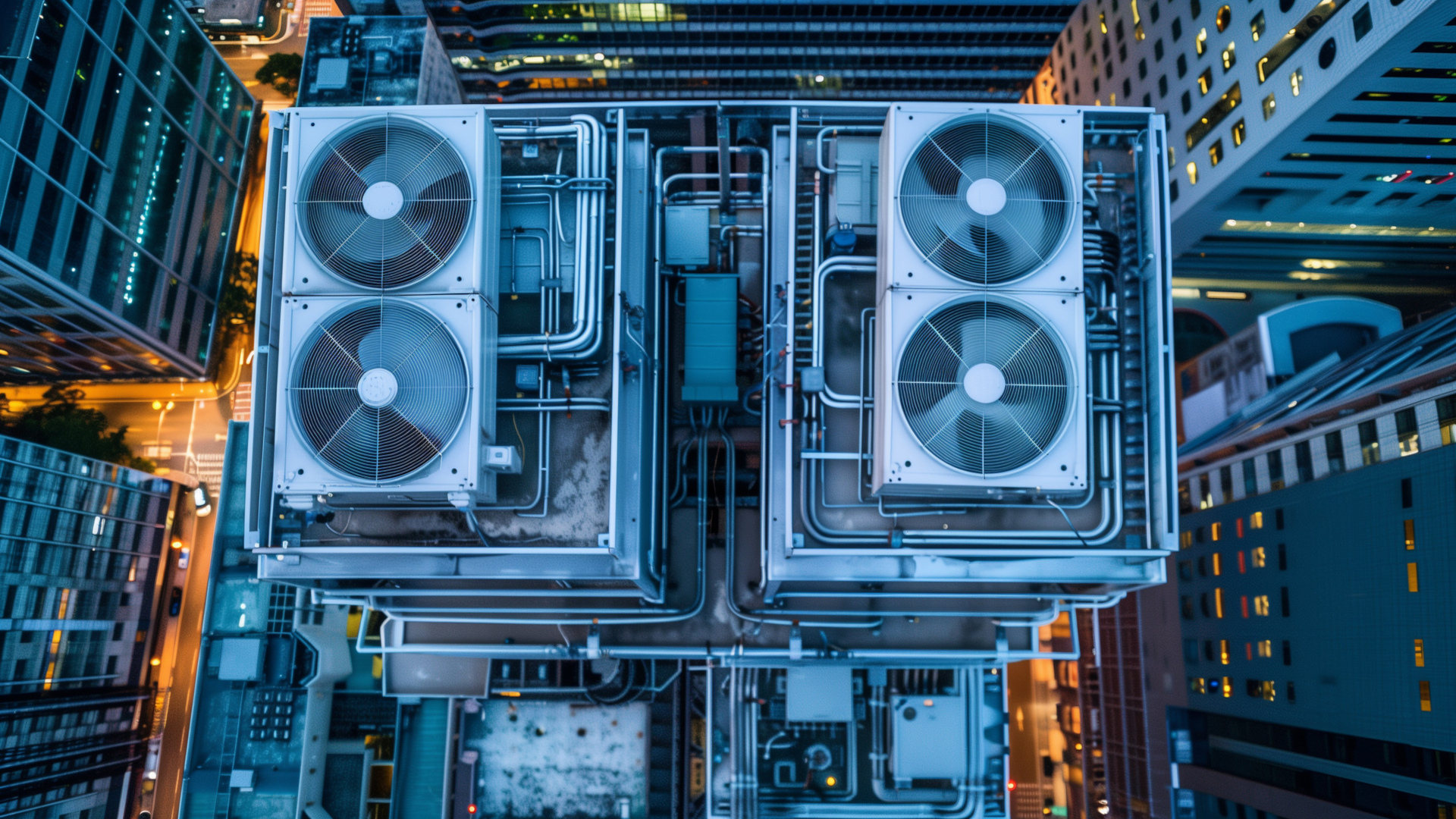 Birds Eye View of Twin Skyscrapers showing the HVAC water cooling systems on top of the roofs in a city setting showing traffic below,taken with a long exposure effect.