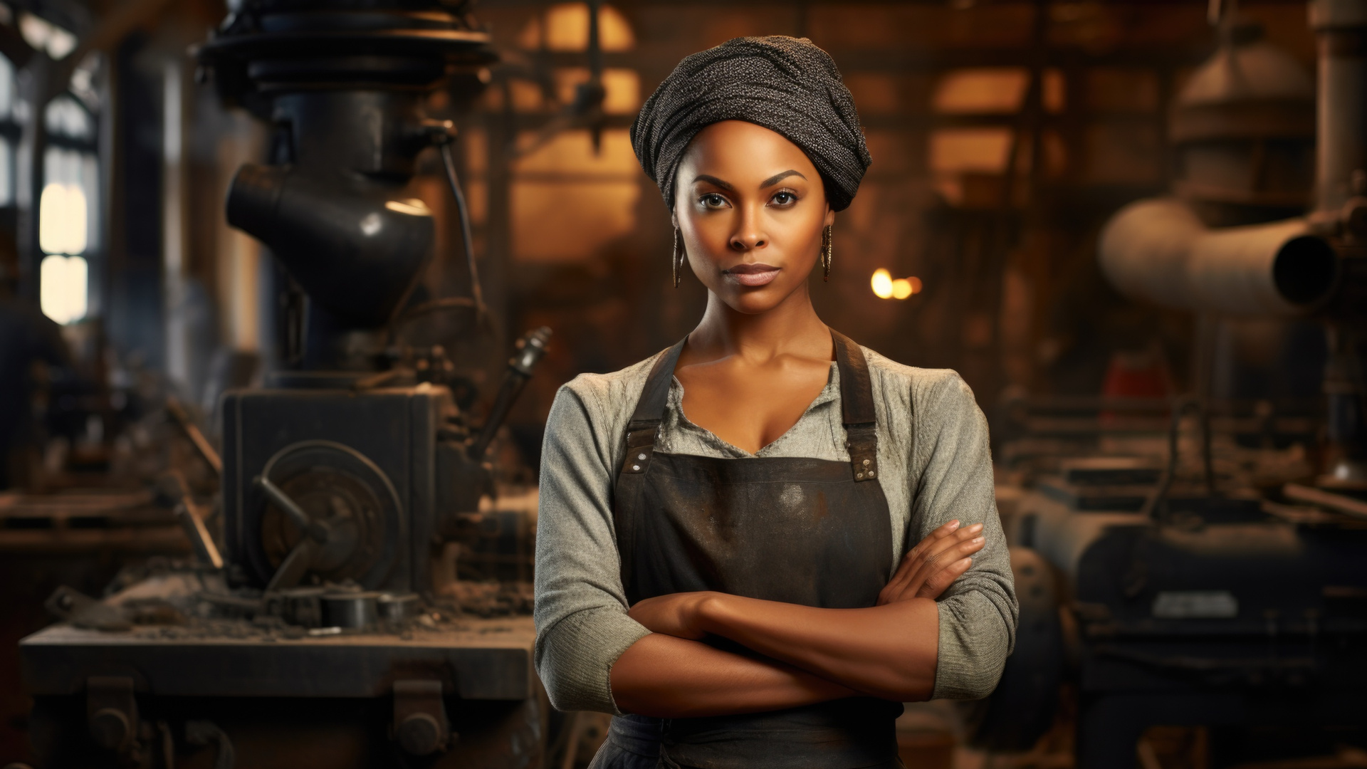 Portrait of a professional blacksmith girl in her blacksmith shop.