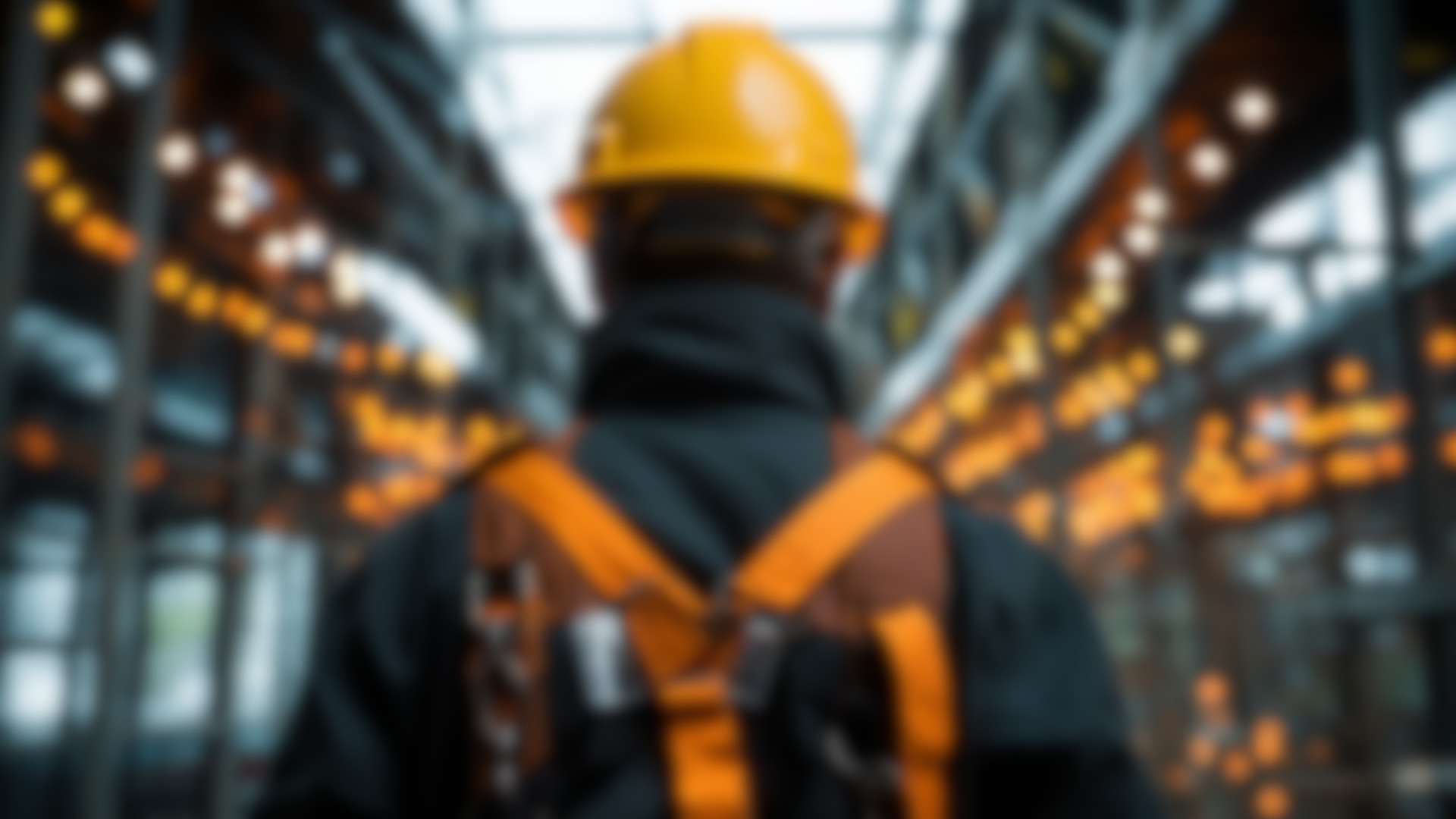 Construction worker with harness and hardhat and construction work on the sides - blurred