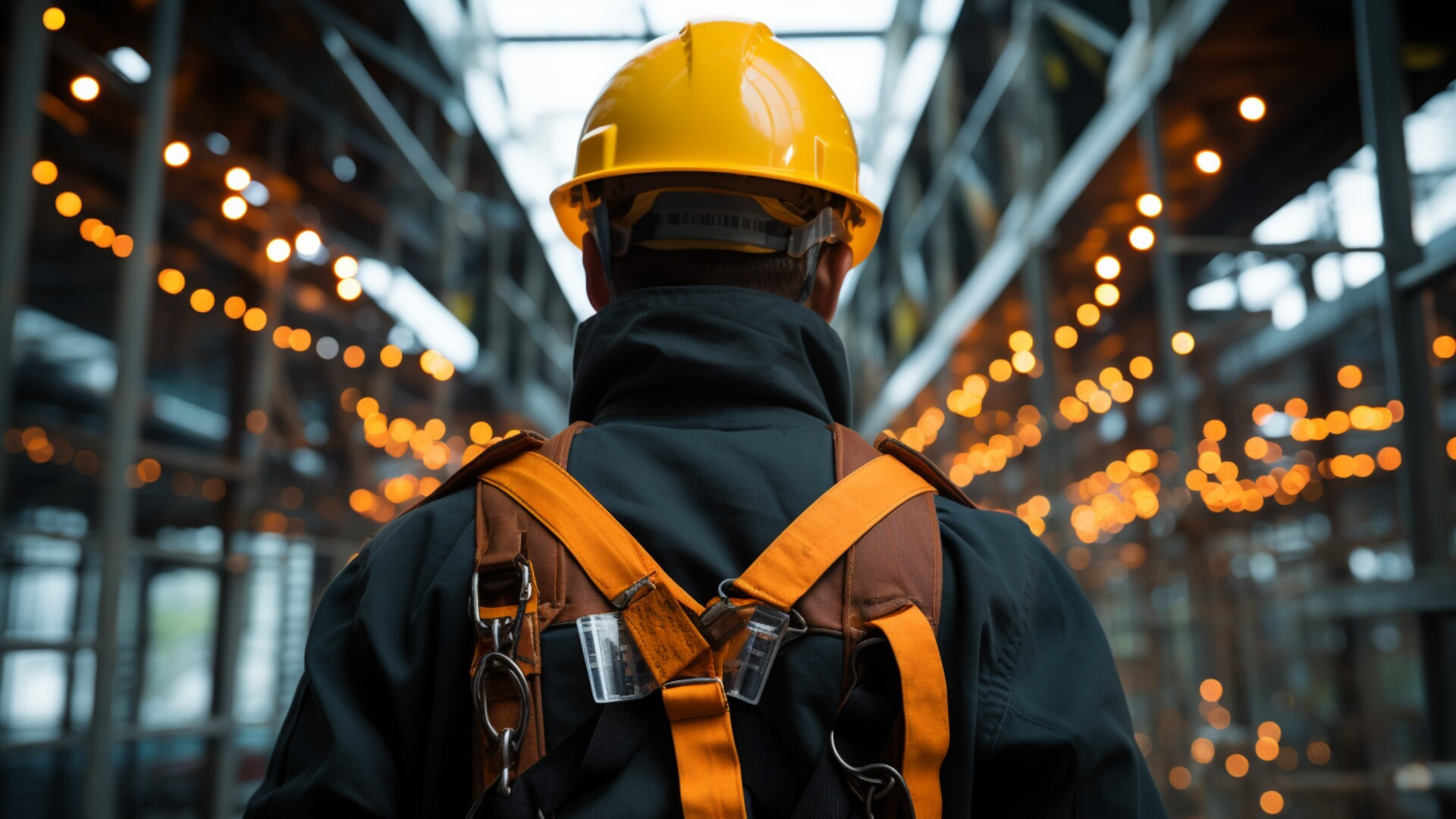 Construction worker with harness and hardhat with construction work on either side